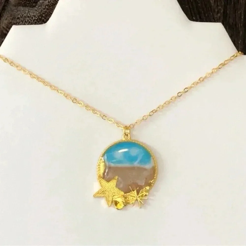 Handmade Ocean Beach Seashell Sand Vacation Summer Starfish Gold Necklace New A